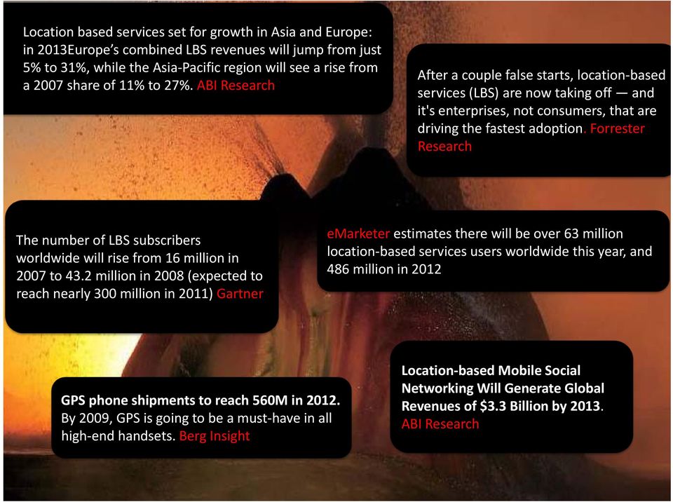 Forrester Research The number of LBS subscribers worldwide will rise from 16 million in 2007 to 43.