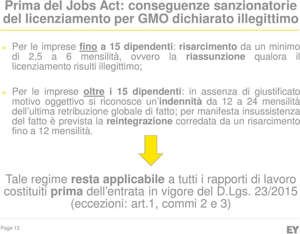 riconosce un indennità da 12 a 24 mensilità dell ultima retribuzione globale di fatto; per manifesta insussistenza del fatto è prevista la reintegrazione corredata da un