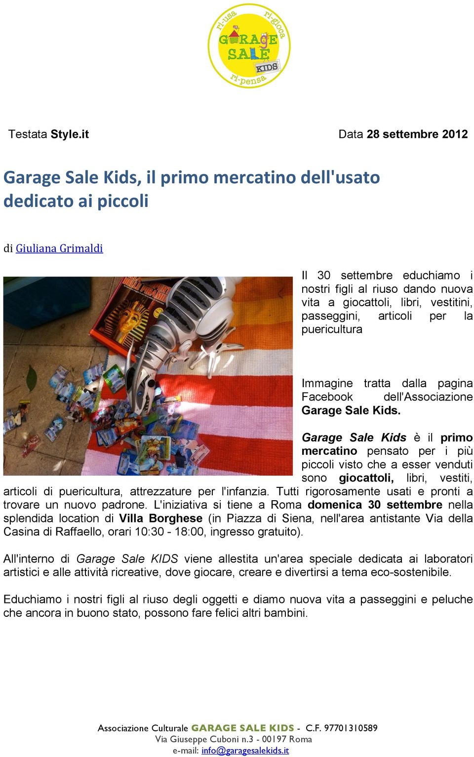 libri, vestitini, passeggini, articoli per la puericultura Immagine tratta dalla pagina Facebook dell'associazione Garage Sale Kids.