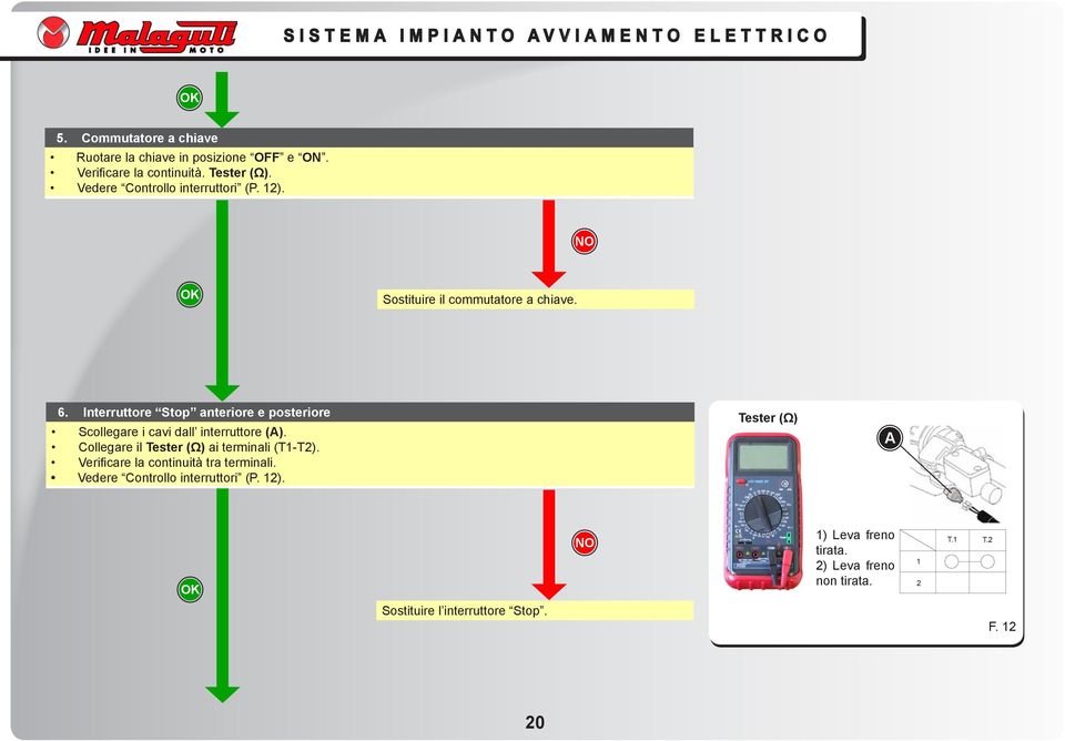 Interruttore Stop anteriore e posteriore Scollegare i cavi dall interruttore (A). Collegare il Tester (Ω) ai terminali (T-T).