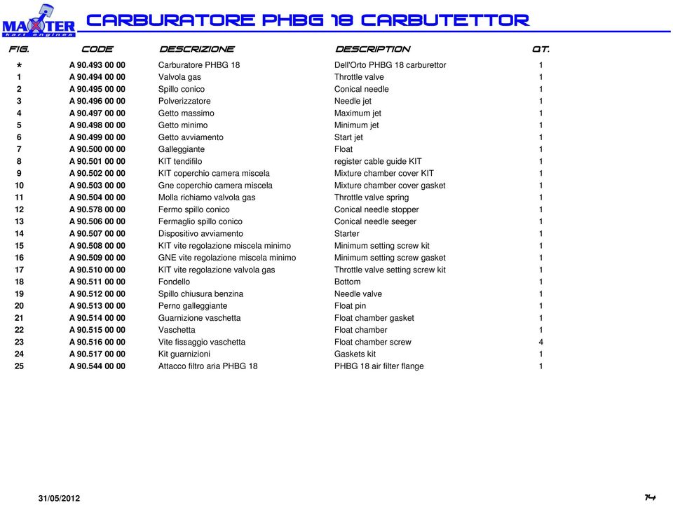 499 00 00 Getto avviamento Start jet 1 7 A 90.500 00 00 Galleggiante Float 1 8 A 90.501 00 00 KIT tendifilo register cable guide KIT 1 9 A 90.