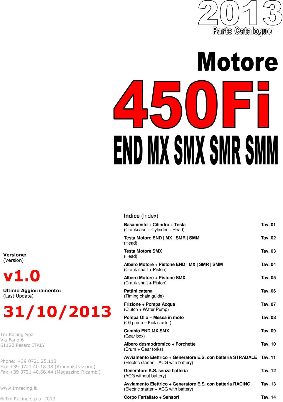azzino Ricambi) www.tmracing.it Tm Racing s.p.a. 2013 Indice (Index) Basamento + Cilindro + Testa (Crankcase + Cylinder + Head) Testa Motore END MX SMR SMM (Head) Testa Motore SMX (Head) Albero