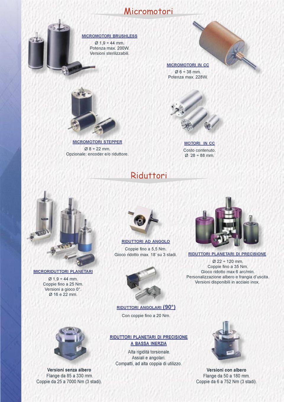 RIDUTTORI AD ANGOLO Coppie fi no a 5,5 Nm. Gioco ridotto max. 18 su 3 stadi. RIDUTTORI ANGOLARI (90 ) Con coppie fi no a 20 Nm. RIDUTTORI PLANETARI DI PRECISIONE Ø 22 120 mm. Coppie fi no a 35 Nm.