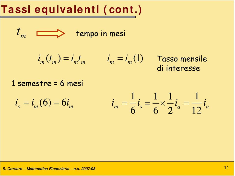 Tasso mensile di interesse 1 semestre = 6 mesi i = i (6) =