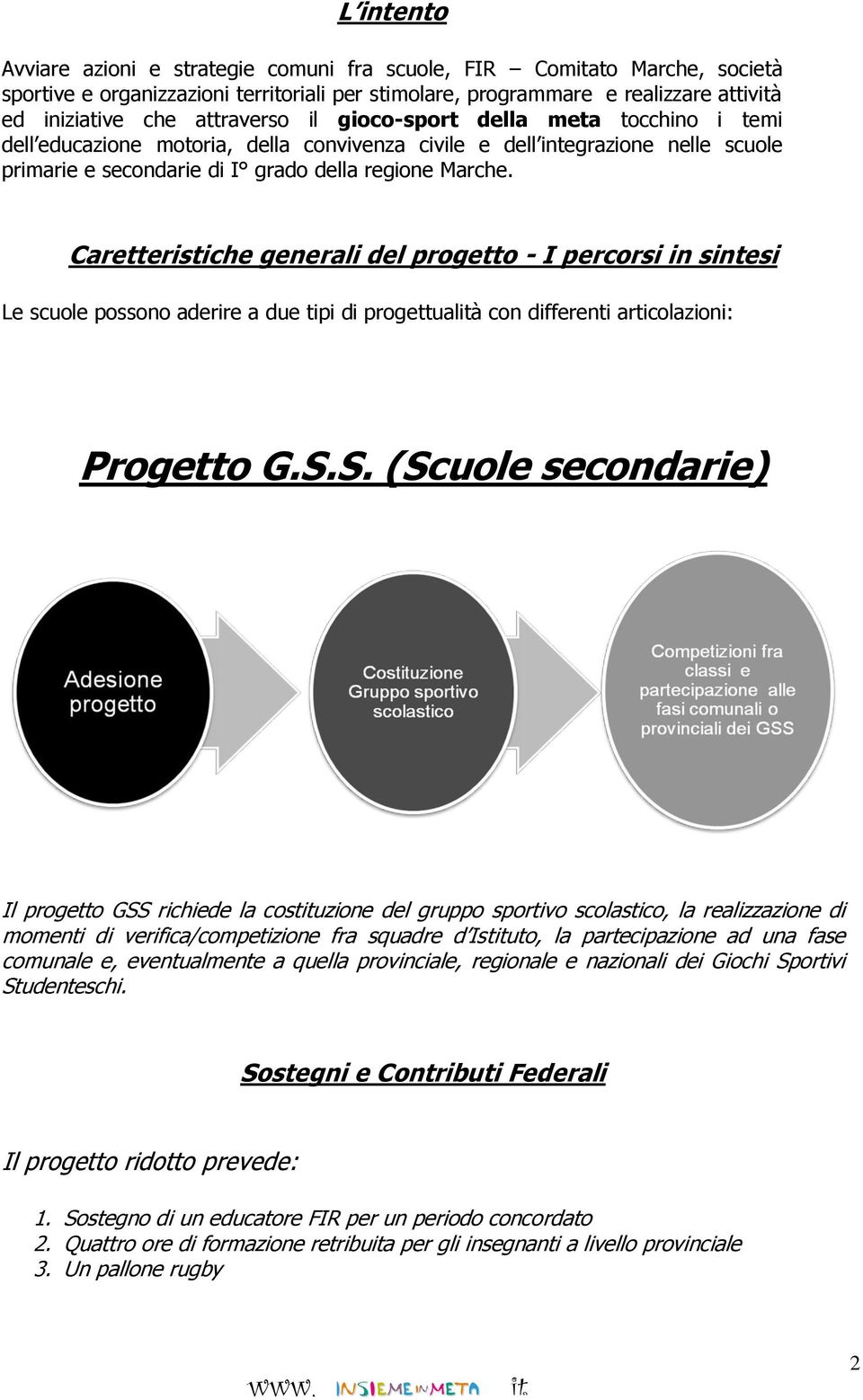 Caretteristiche generali del progetto - I percorsi in sintesi Le scuole possono aderire a due tipi di progettualità con differenti articolazioni: Progetto G.S.