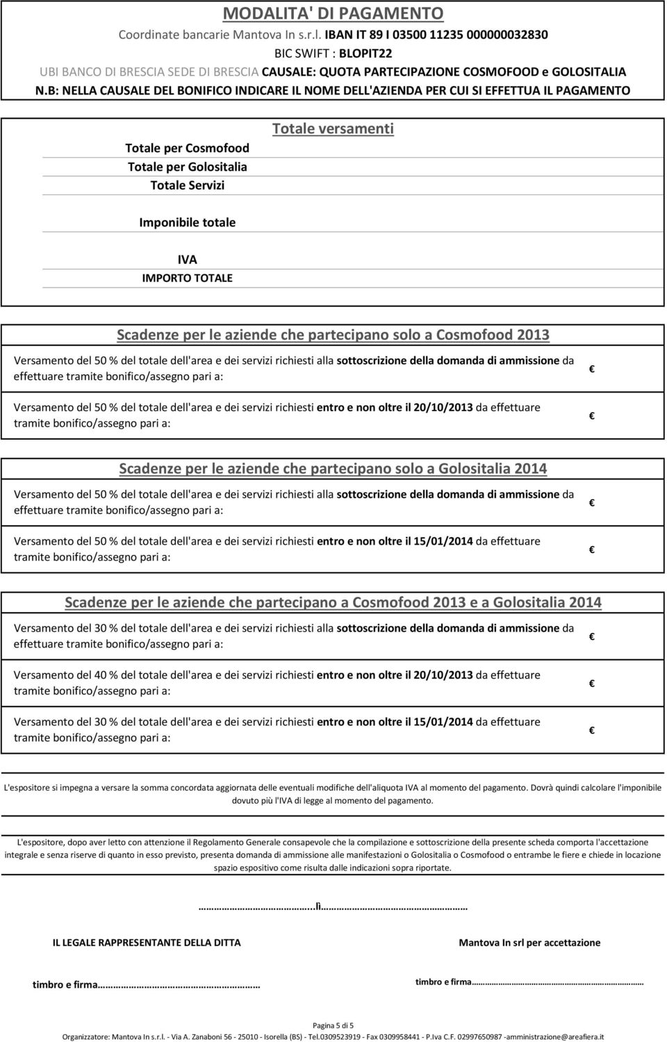 B: NELLA CAUSALE DEL BONIFICO INDICARE IL NOME DELL'AZIENDA PER CUI SI EFFETTUA IL PAGAMENTO Totale per Cosmofood Totale per Golositalia Totale Servizi Totale versamenti Imponibile totale IVA IMPORTO