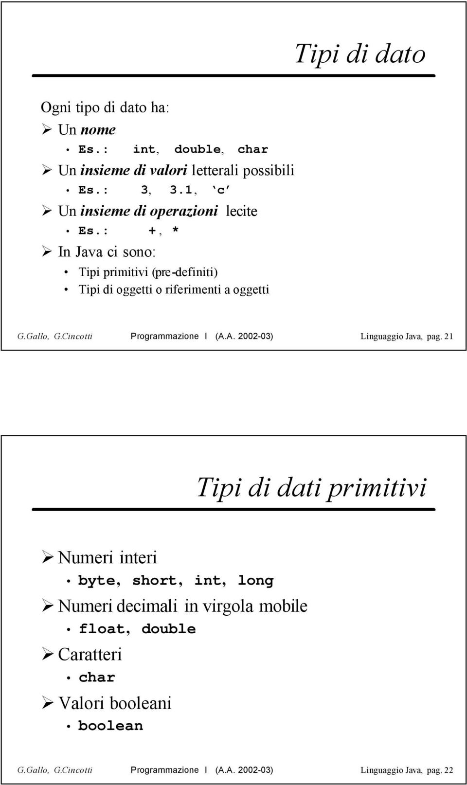 Gallo, G.Cincotti Programmazione I (A.A. 2002-03) Linguaggio Java, pag.