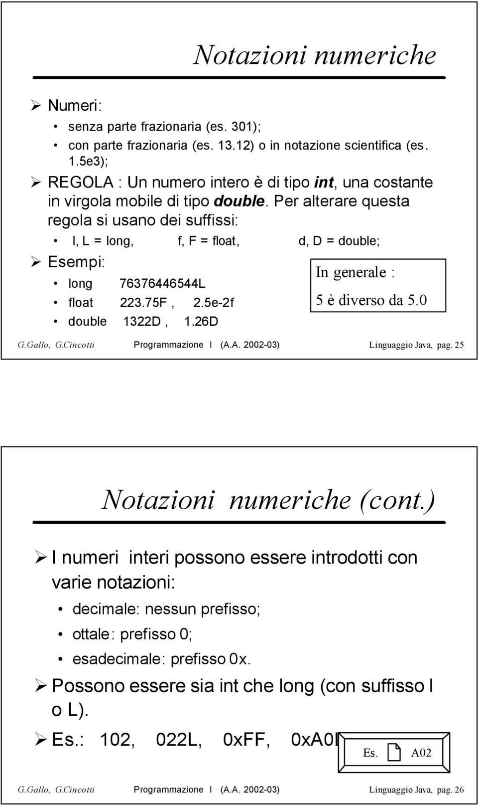 Gallo, G.Cincotti Programmazione I (A.A. 2002-03) Linguaggio Java, pag. 25 Notazioni numeriche (cont.