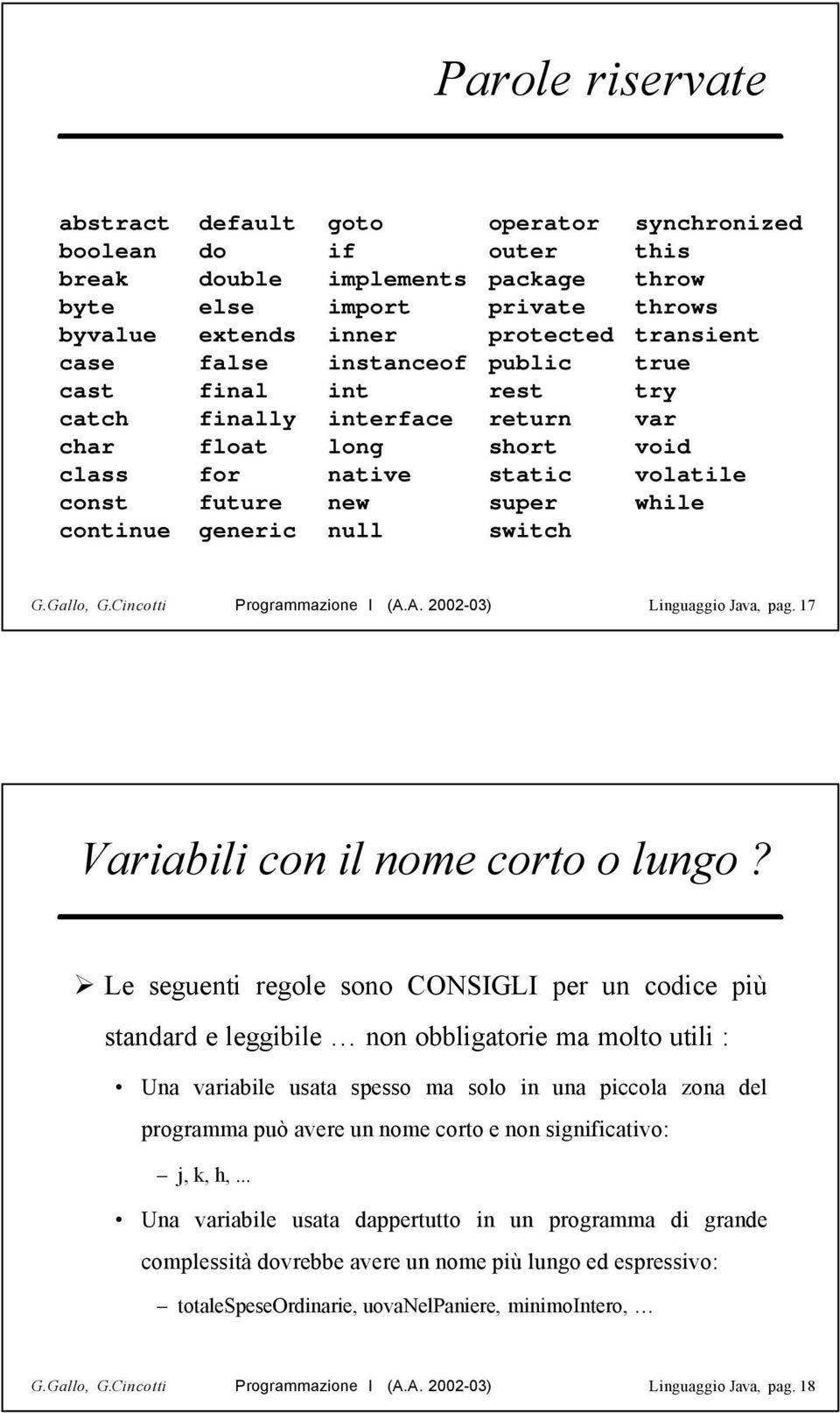 volatile while G.Gallo, G.Cincotti Programmazione I (A.A. 2002-03) Linguaggio Java, pag. 17 Variabili con il nome corto o lungo?