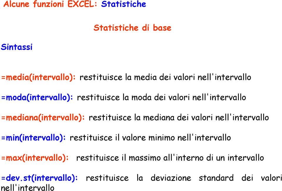 mediana dei valori nell'intervallo =min(intervallo): restituisce il valore minimo nell'intervallo =max(intervallo):