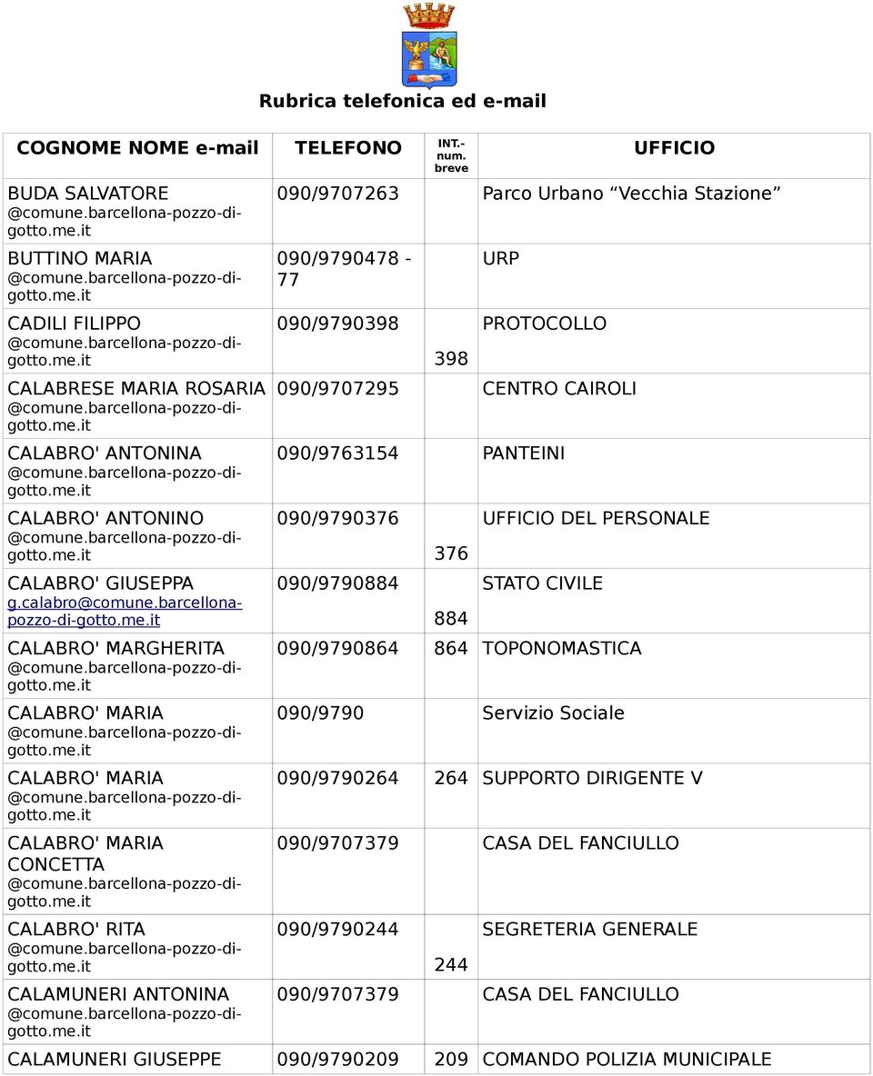 398 URP PROTOCOLLO 090/9707295 CENTRO CAIROLI 090/9763154 PANTEINI 090/9790376 090/9790884 376 884 DEL PERSONALE STATO CIVILE 090/9790864 864 TOPONOMASTICA 090/9790 Servizio Sociale