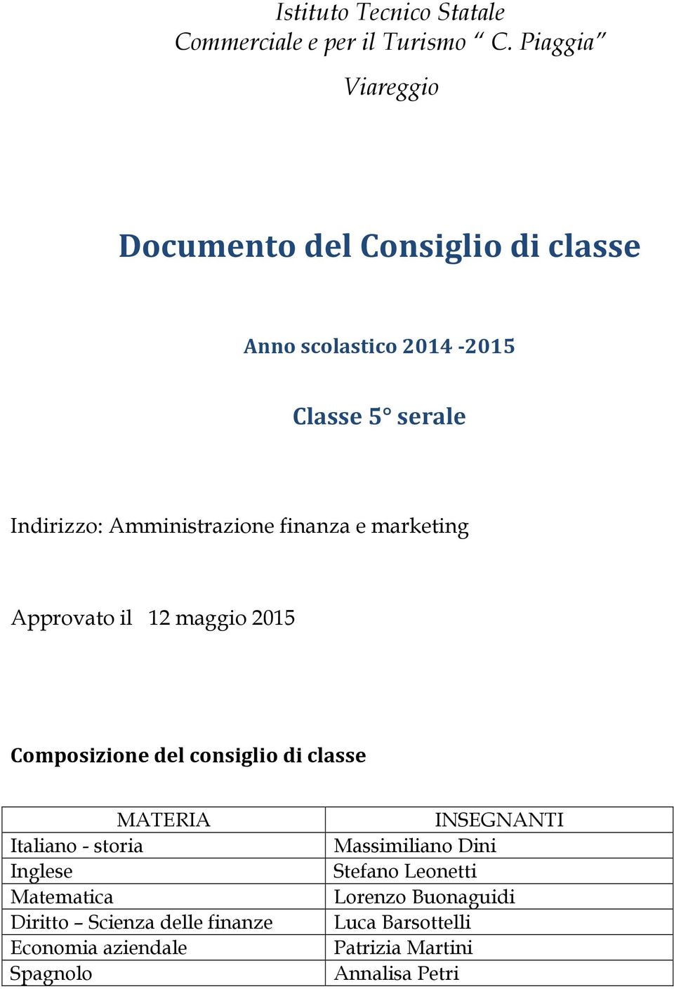 Amministrazione finanza e marketing Approvato il 12 maggio 2015 Composizione del consiglio di classe MATERIA Italiano -
