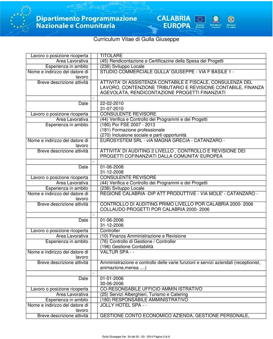 Controllo dei Programmi e dei Progetti Esperienza in ambito (180) Por FSE 2007 2013 (181) Formazione professionale (270) Inclusione sociale e parti opportunità EUROSYSTEM SRL via MAGNA GRECIA