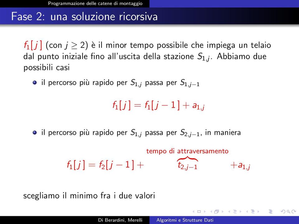 Abbiamo due possibili casi il percorso più rapido per S 1,j passa per S 1,j 1 f 1 [ j ] = f 1 [ j 1 ] + a 1,j