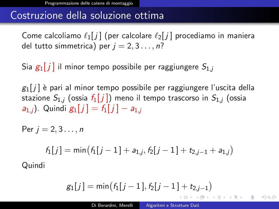 Sia g 1 [ j ] il minor tempo possibile per raggiungere S 1,j g 1 [ j ] è pari al minor tempo possibile per raggiungere l uscita della