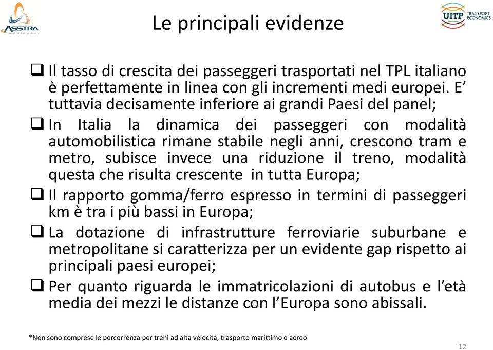 treno, modalità questa che risulta crescente in tuttaeuropa; Il rapporto gomma/ferro espresso in termini di passeggeri km è tra i più bassi in Europa; La dotazione di infrastrutture ferroviarie