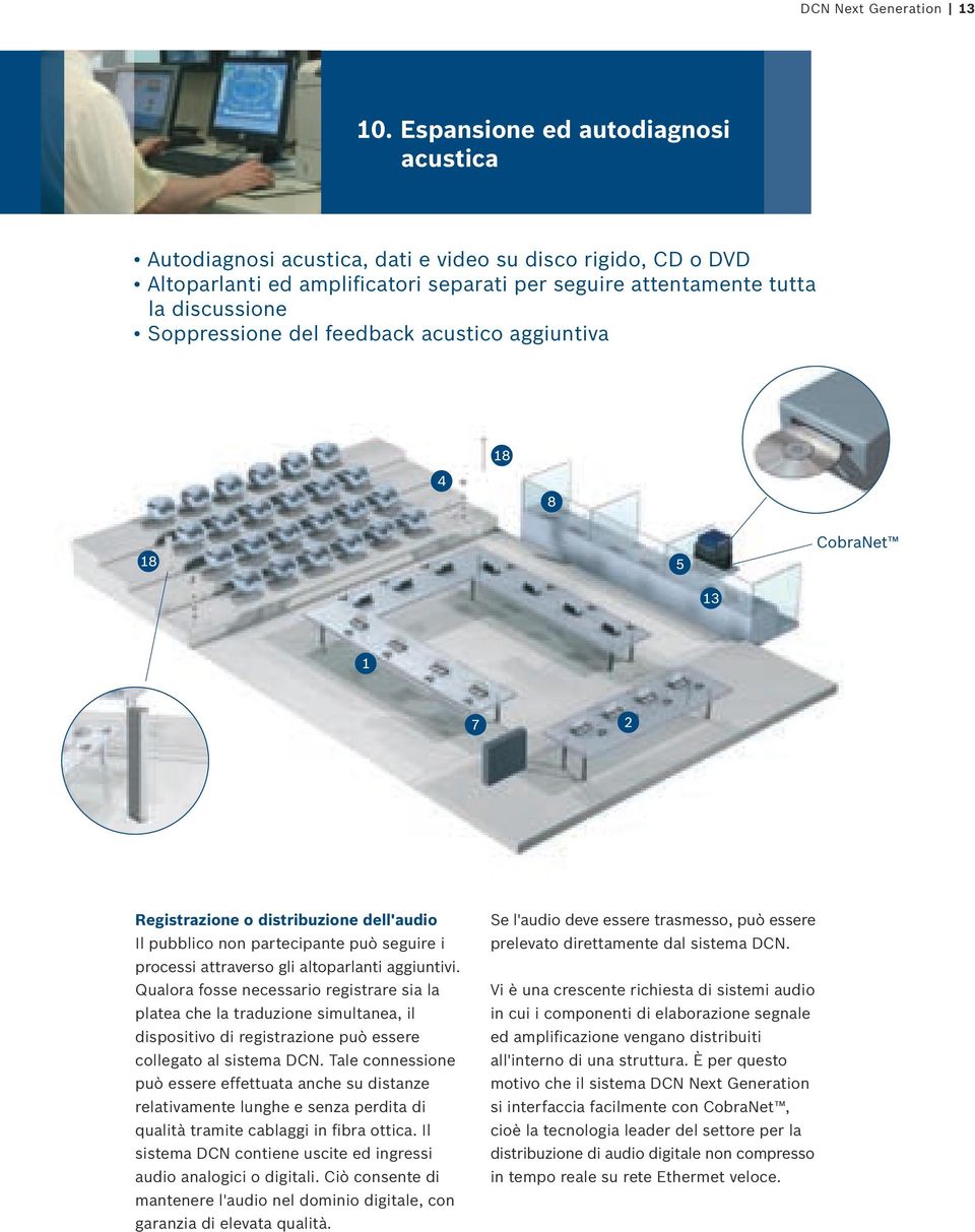 feedback acustico aggiuntiva 8 4 8 8 CobraNet 7 Registrazione o distribuzione dell'audio Il pubblico non partecipante può seguire i processi attraverso gli altoparlanti aggiuntivi.