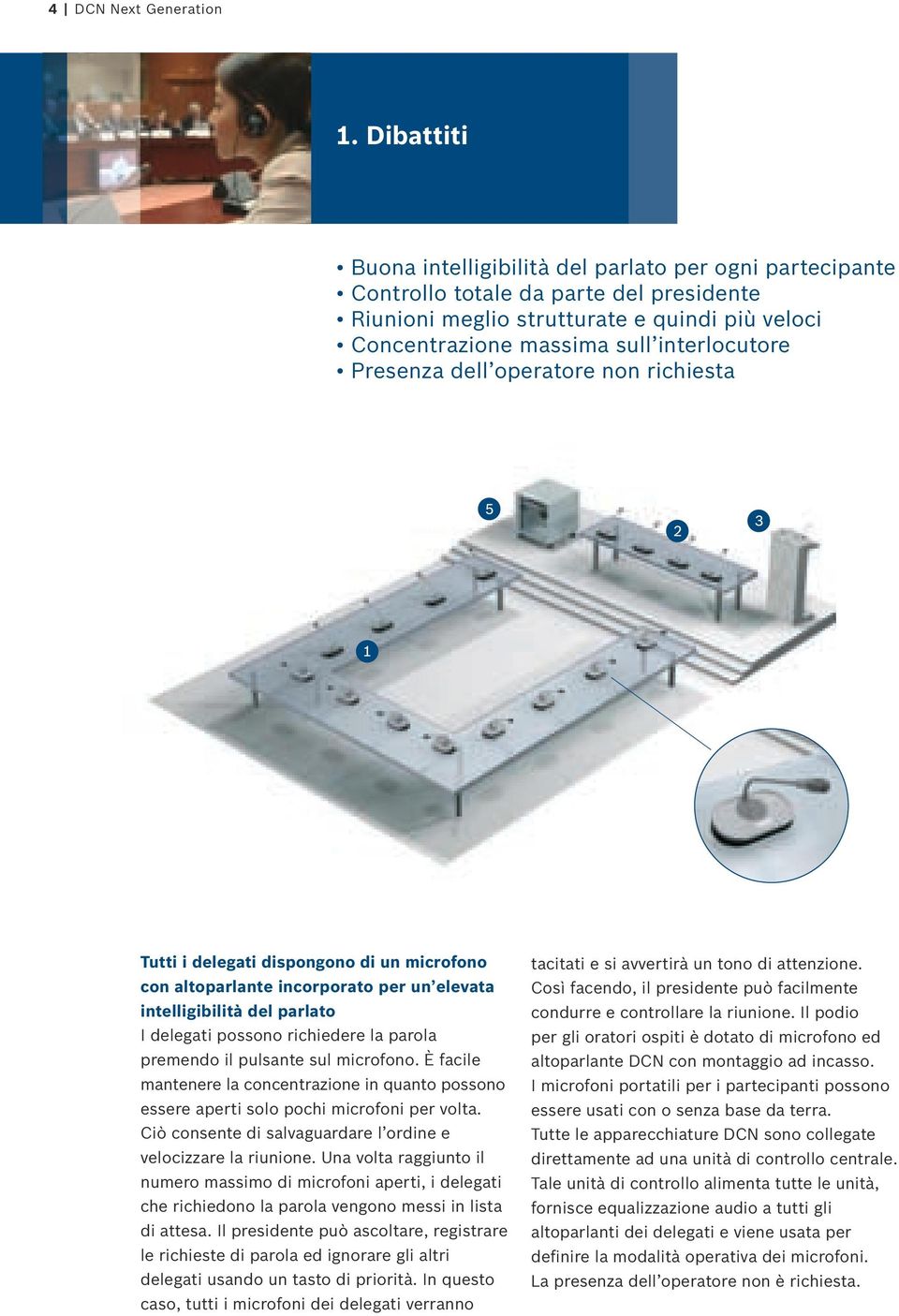 Presenza dell operatore non richiesta Tutti i delegati dispongono di un microfono con altoparlante incorporato per un elevata intelligibilità del parlato I delegati possono richiedere la parola