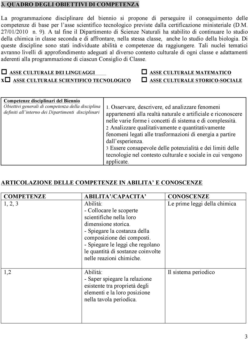 A tal fine il Dipartimento di Scienze Naturali ha stabilito di continuare lo studio della chimica in classe seconda e di affrontare, nella stessa classe, anche lo studio della biologia.