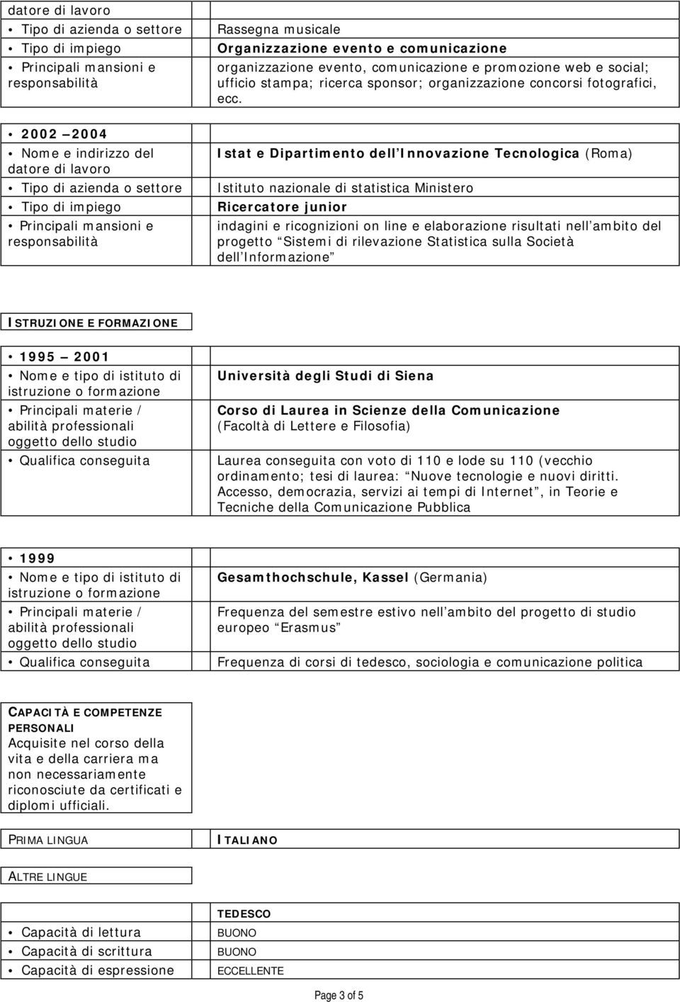 del progetto Sistemi di rilevazione Statistica sulla Società dell Informazione ISTRUZIONE E FORMAZIONE 1995 2001 Nome e tipo di istituto di istruzione o formazione Principali materie / abilità