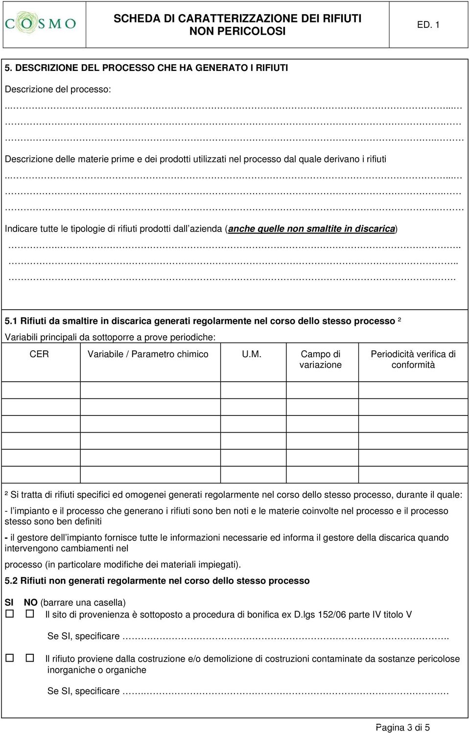 1 Rifiuti da smaltire in discarica generati regolarmente nel corso dello stesso processo ² Variabili principali da sottoporre a prove periodiche: CER Variabile / Parametro chimico U.M.