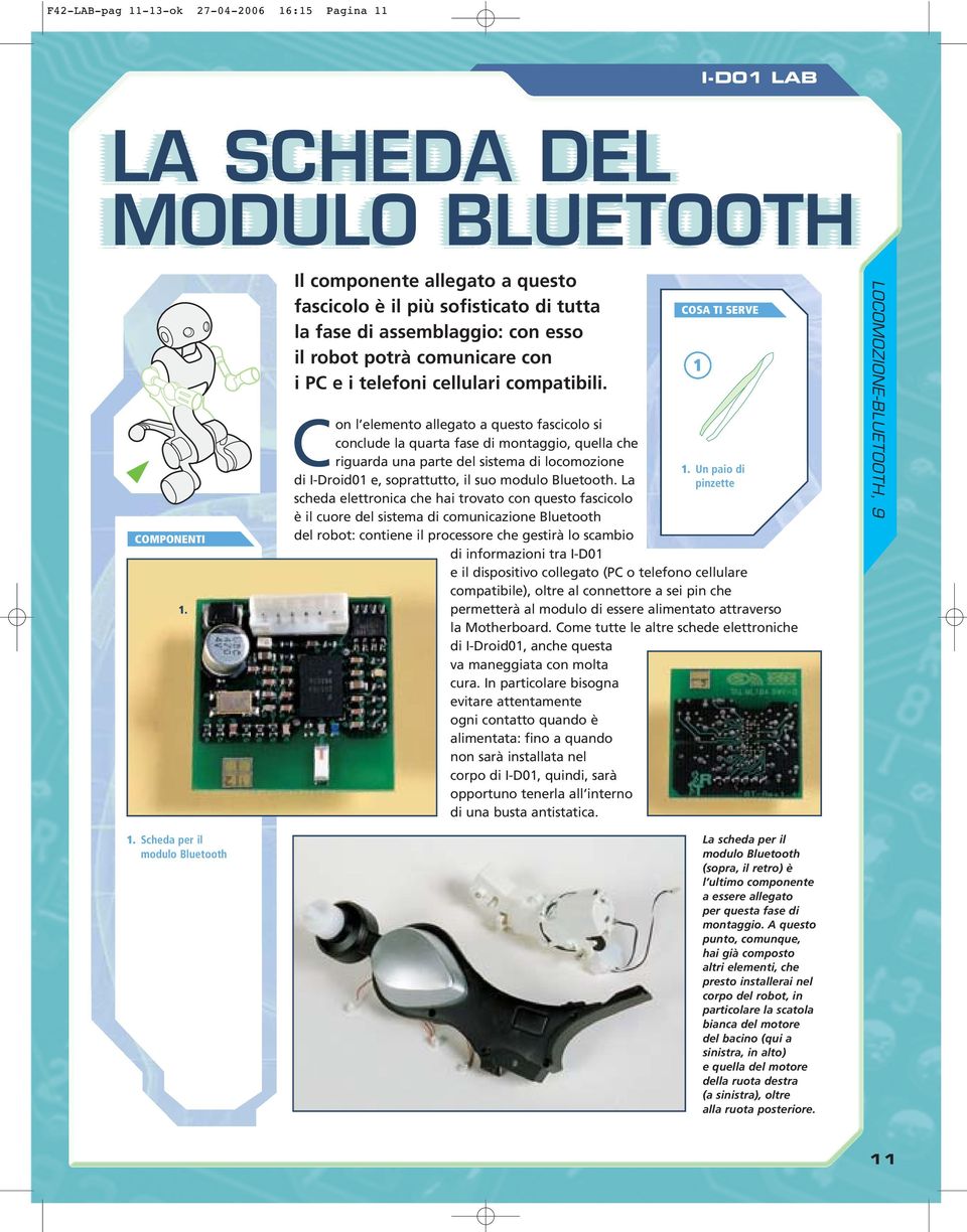 Con l elemento allegato a questo fascicolo si conclude la quarta fase di montaggio, quella che riguarda una parte del sistema di locomozione di I-Droid01 e, soprattutto, il suo modulo Bluetooth.