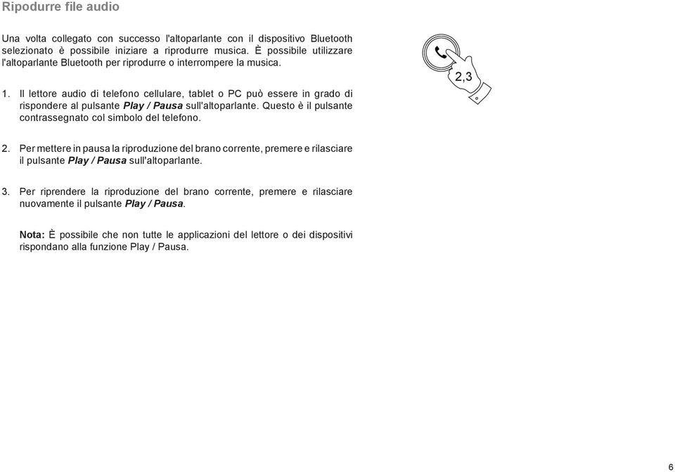 Il lettore audio di telefono cellulare, tablet o PC può essere in grado di rispondere al pulsante Play / Pausa sull'altoparlante. Questo è il pulsante contrassegnato col simbolo del telefono. 2,3 2.