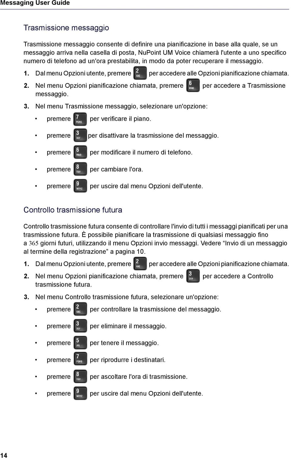 Nel menu Opzioni pianificazione chiamata, premere per accedere a Trasmissione messaggio. 3. Nel menu Trasmissione messaggio, selezionare un'opzione: premere per verificare il piano.