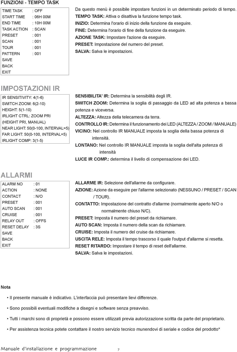 FINE: Determina l'orario di fine della funzione da eseguire. AZIONE TASK: Impostare l'azione da eseguire. PRESET: Impostazione del numero del preset. SALVA: Salva le impostazioni.