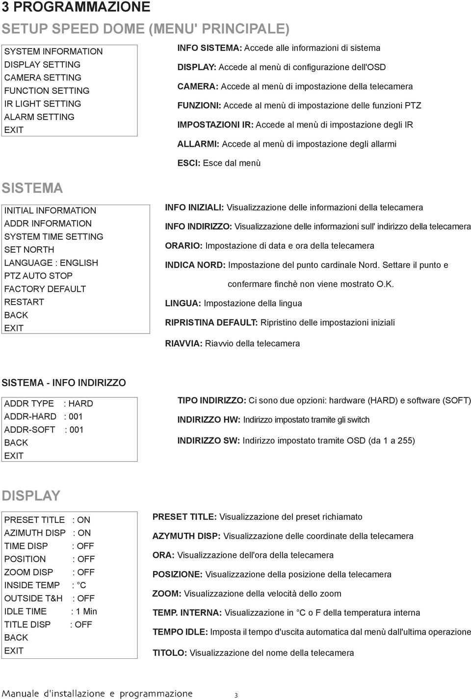 al menù di impostazione degli IR ALLARMI: Accede al menù di impostazione degli allarmi ESCI: Esce dal menù SISTEMA INITIAL INFORMATION ADDR INFORMATION SYSTEM TIME SETTING SET NORTH LANGUAGE :