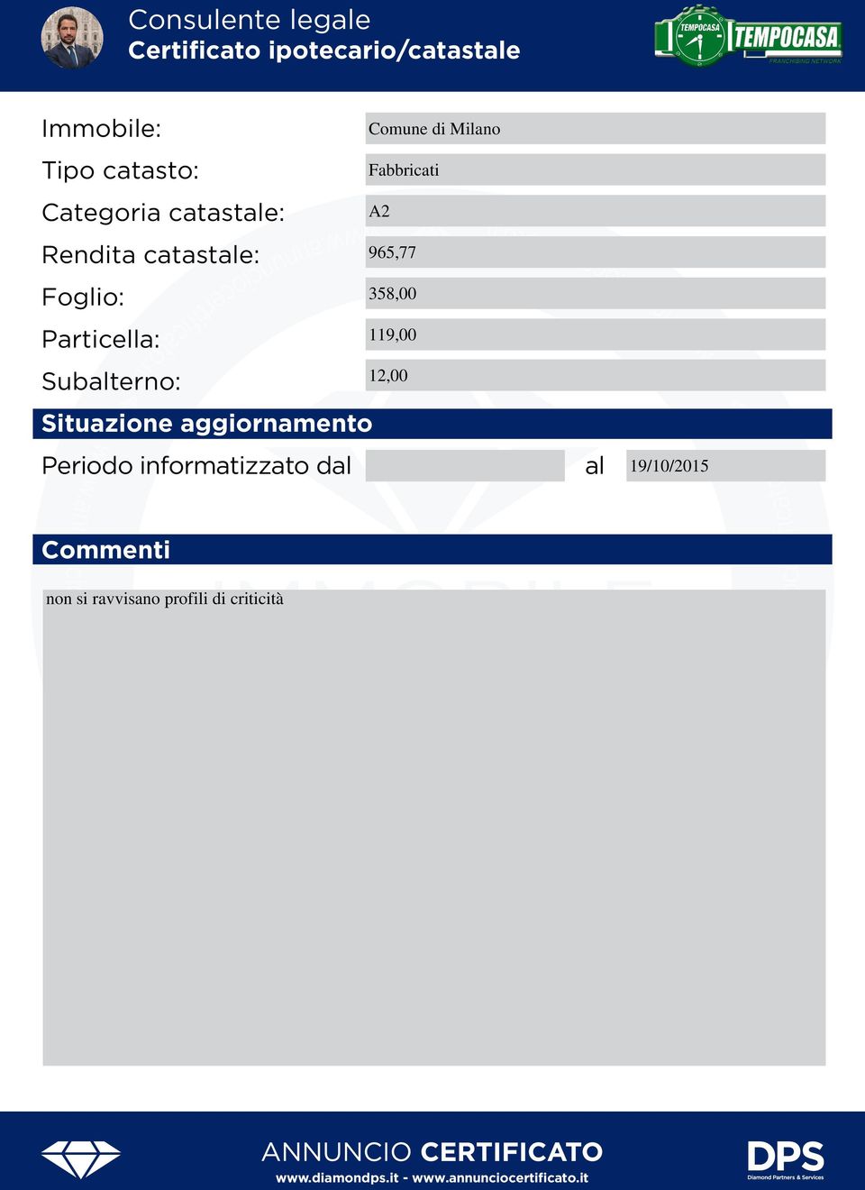 Foglio: 358,00 Particella: 119,00 Subalterno: 12,00 Situazione aggiornamento