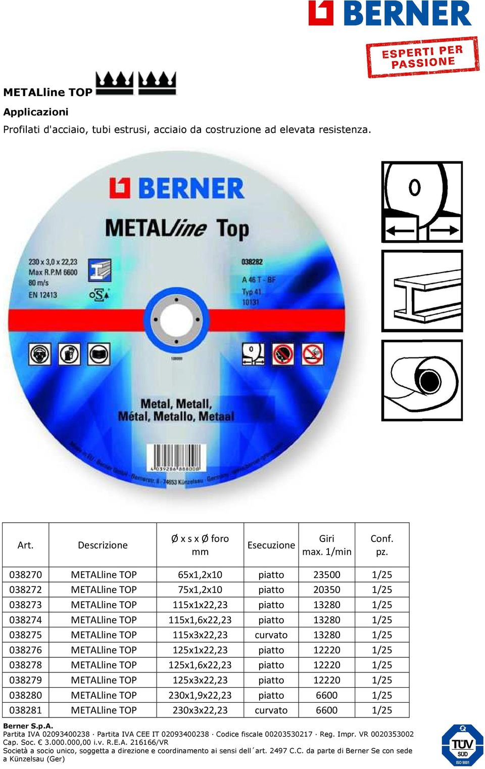 038270 METALline TOP 65x1,2x10 piatto 23500 1/25 038272 METALline TOP 75x1,2x10 piatto 20350 1/25 038273 METALline TOP 115x1x22,23 piatto 13280 1/25 038274 METALline TOP