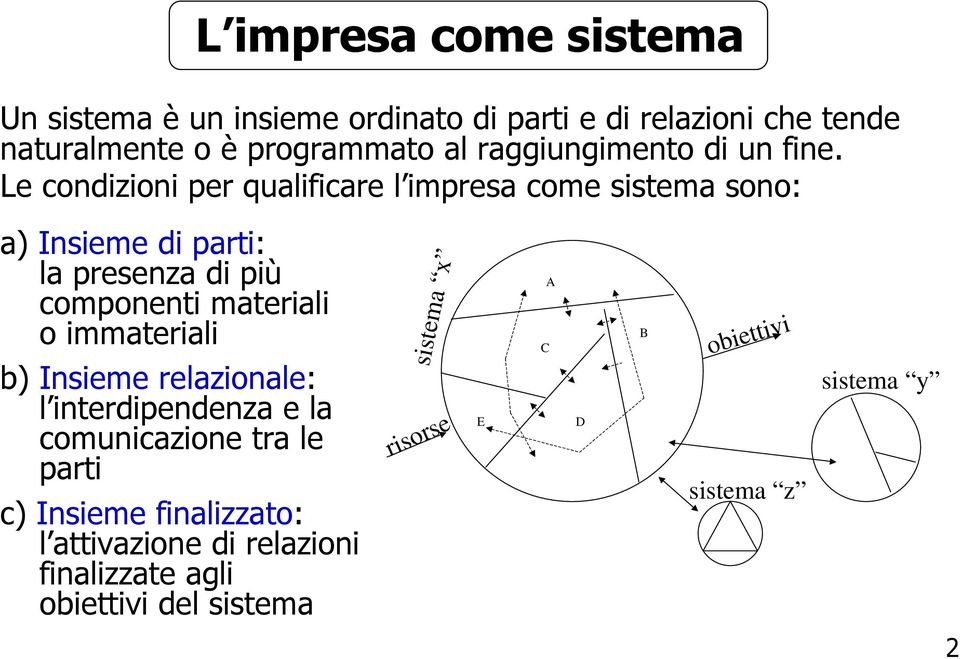 Le condizioni per qualificare l impresa come sistema sono: a) Insieme di parti: la presenza di più componenti materiali o