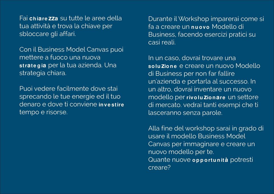 Durante il Workshop imparerai come si fa a creare un nuovo Modello di Business, facendo esercizi pratici su casi reali.