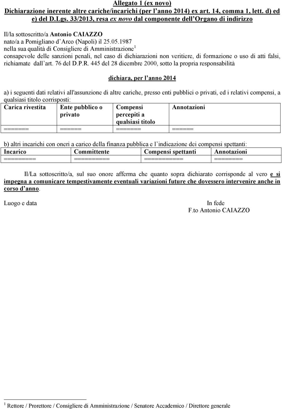 del 8 dicembre 000, sotto la propria responsabilità dichiara, per l anno 0 a) i seguenti dati relativi all'assunzione di altre cariche, presso enti pubblici o privati, ed i relativi compensi, a