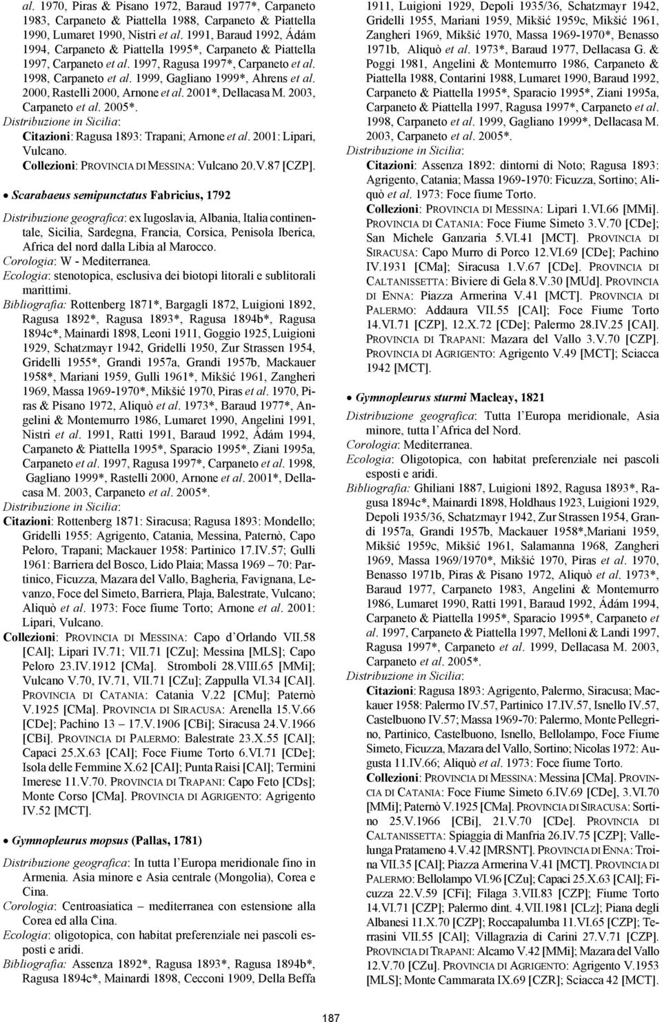2000, Rastelli 2000, Arnone et al. 2001*, Dellacasa M. 2003, Carpaneto et al. 2005*. Citazioni: Ragusa 1893: Trapani; Arnone et al. 2001: Lipari, Vulcano. Collezioni: PROVINCIA DI MESSINA: Vulcano 20.