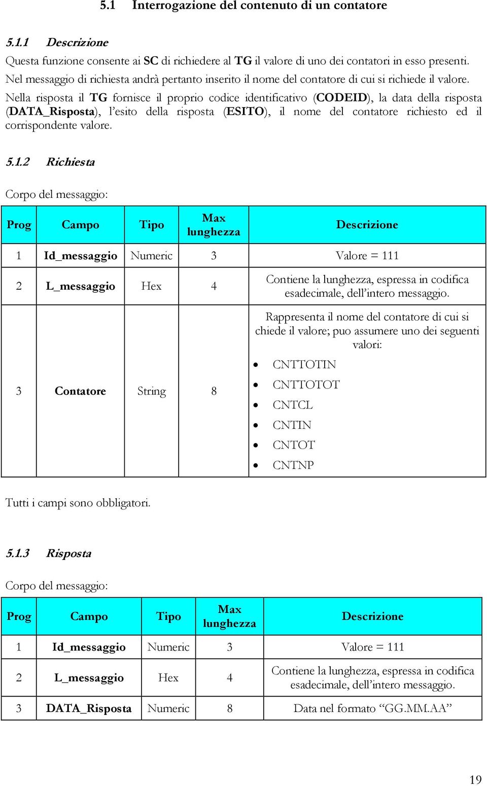 Nella risposta il TG fornisce il proprio codice identificativo (CODEID), la data della risposta (DATA_Risposta), l esito della risposta (ESITO), il nome del contatore richiesto ed il corrispondente