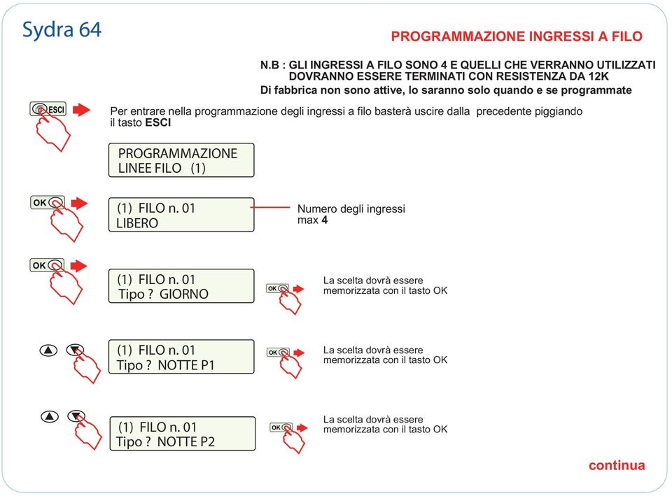 quando e se programmate Per entrare nella programmazione degli ingressi a filo basterà uscire dalla precedente piggiando il tasto PROGRAMMAZIONE LINEE FILO (1)