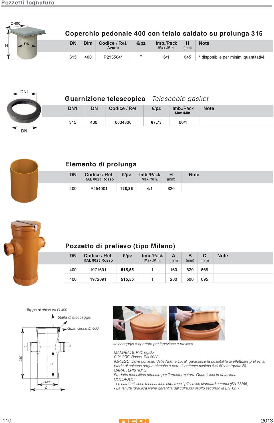 /Pack Note 315 400 6834300 67,73 66/1 Elemento di prolunga Codice / Ref. /pz Imb.