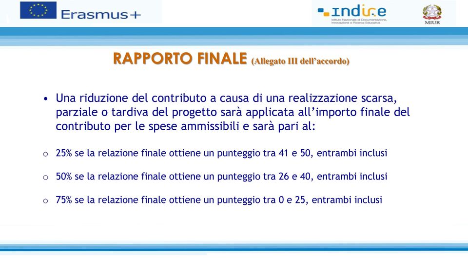 al: o 25% se la relazione finale ottiene un punteggio tra 41 e 50, entrambi inclusi o 50% se la relazione finale