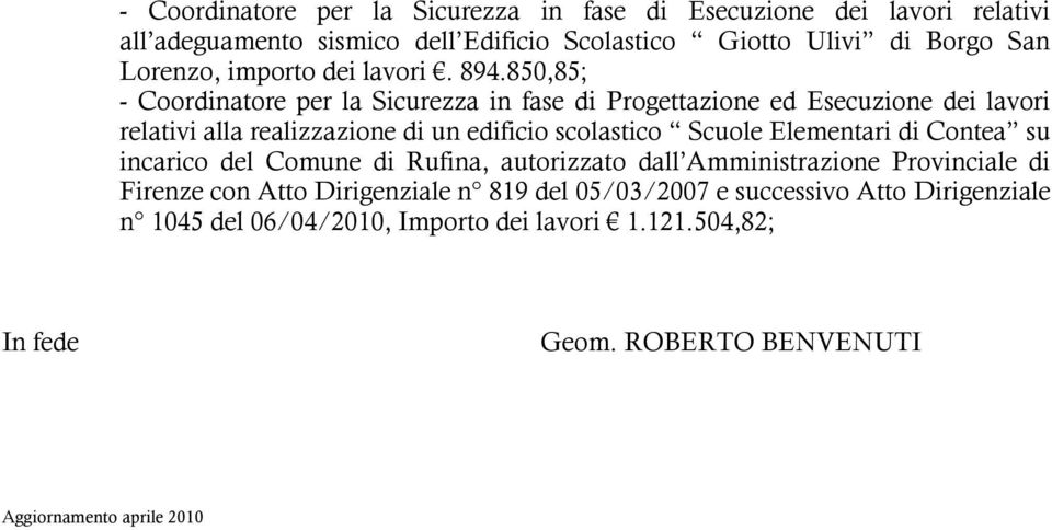 850,85; relativi alla realizzazione di un edificio scolastico Scuole Elementari di Contea su incarico del Comune di Rufina, autorizzato