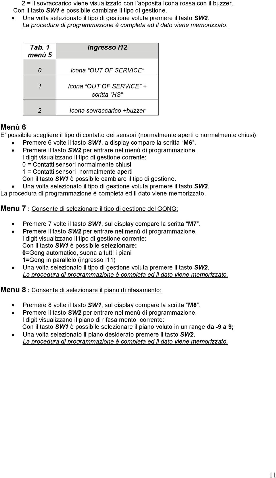 1 menù 5 Ingresso I12 0 Icona OUT OF SERVICE 1 Icona OUT OF SERVICE + scritta HS 2 Icona sovraccarico +buzzer Menù 6 E possibile scegliere il tipo di contatto dei sensori (normalmente aperti o