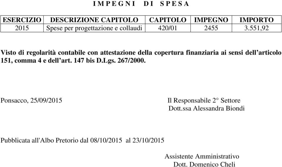 551,92 Visto di regolarità contabile con attestazione della copertura finanziaria ai sensi dell articolo 151, comma 4