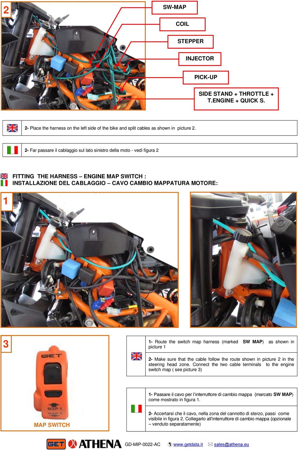 harness (marked SW MAP) as shown in picture 2- Make sure that the cable follow the route shown in picture 2 in the steering head zone.
