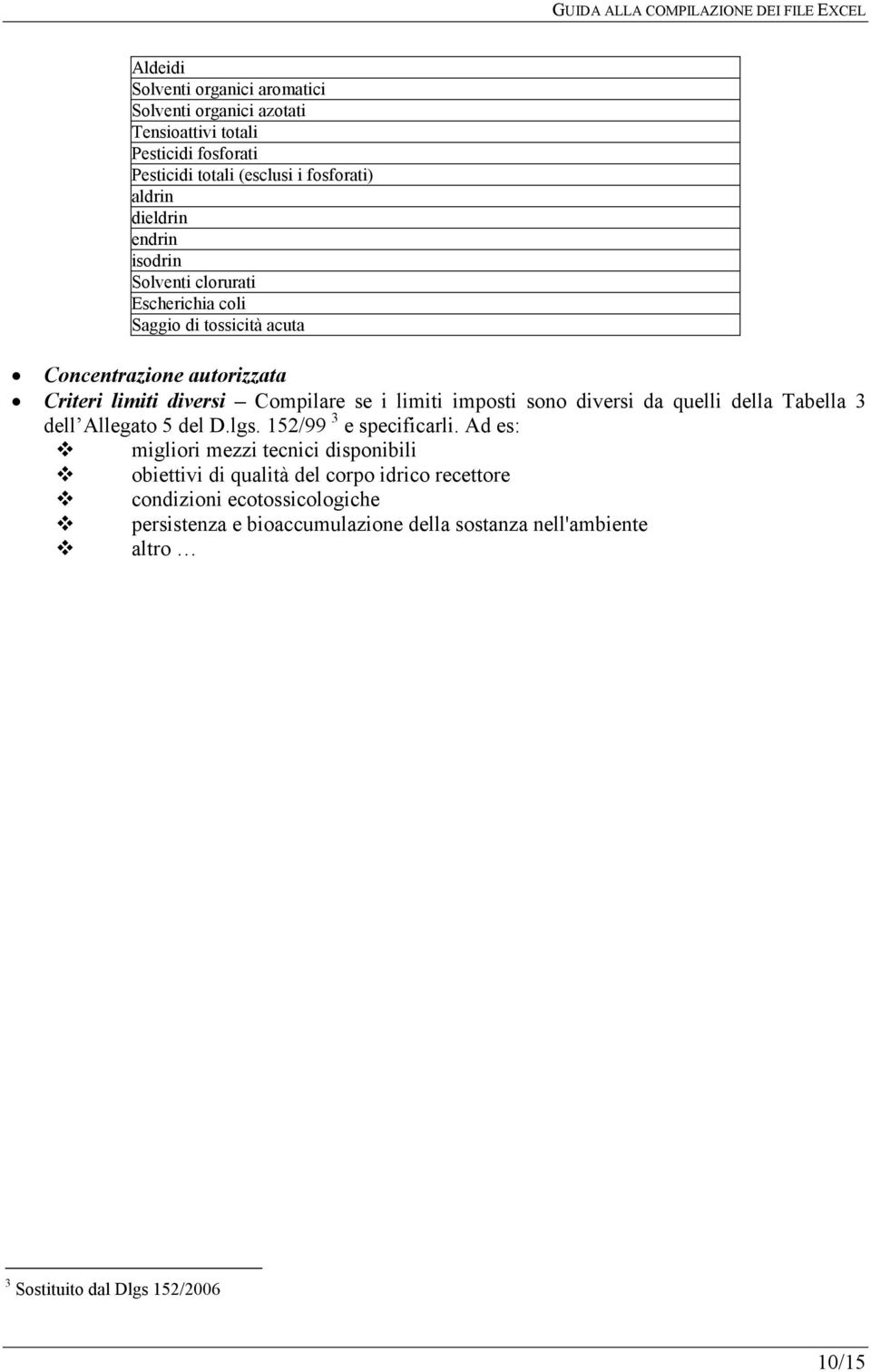 sono diversi da quelli della Tabella 3 dell Allegato 5 del D.lgs. 152/99 3 e specificarli.