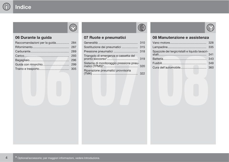 .. 319 Sistema di monitoraggio pressione pneumatici (TPMS)*... 320 Riparazione pneumatici provvisoria (TMK)... 322 08 Manutenzione e assistenza 08 Vano motore... 328 Lampadine.