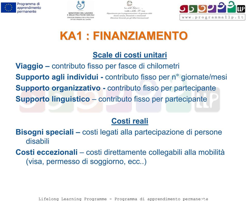 Supporto linguistico contributo fisso per partecipante Costi reali Bisogni speciali costi legati alla