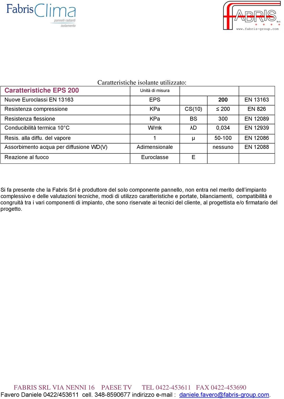 del vapore 1 µ 50-100 EN 12086 Assorbimento acqua per diffusione WD(V) Adimensionale nessuno EN 12088 Reazione al fuoco Euroclasse E Si fa presente che la Fabris Srl è produttore del solo componente