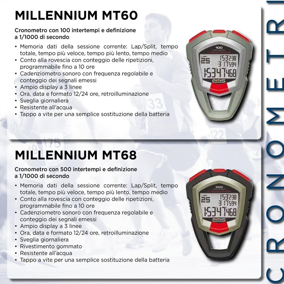 12/24 ore, retroilluminazione Sveglia giornaliera Tappo a vite per una semplice sostituzione della batteria MILLENNIUM MT68 Cronometro con 500 intertempi e definizione a 1/1000 di secondo Memoria