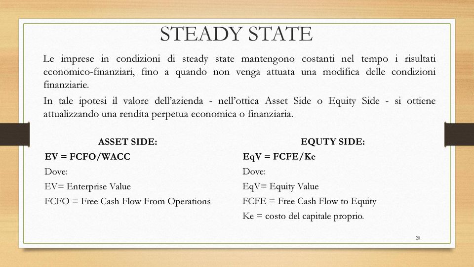 In tale ipotesi il valore dell azienda - nell ottica Asset Side o Equity Side - si ottiene attualizzando una rendita perpetua economica o